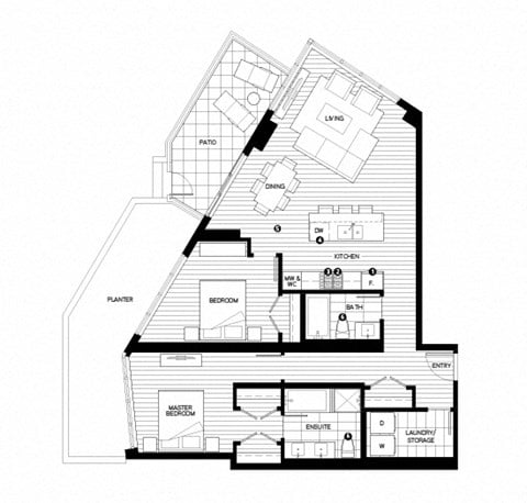 Floor plan for 2 beds, 2 baths, 940 sqft
